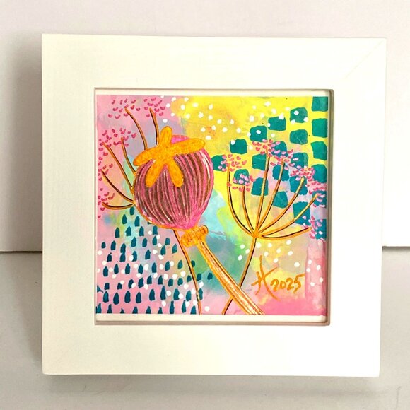 Queen Poppy Original Acrylic Mixed Media Painting 5x5in White Frame Desktop Art - Picture 2 of 4